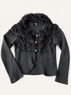 Uptown Girl Faux Fur Collar Vintage Cardigan Coquette Black Knit Sweater
